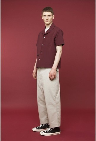 Men's Burgundy Short Sleeve Shirt, White Crew-neck T-shirt, Beige Chinos, Black and White Canvas High Top Sneakers
