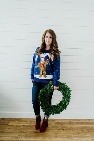 Navy Christmas Crew-neck Sweater Outfits For Women: 