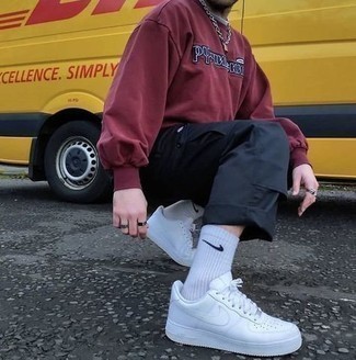 Men's Burgundy Embroidered Sweatshirt, Black Cargo Pants, White Leather Low Top Sneakers, White Socks