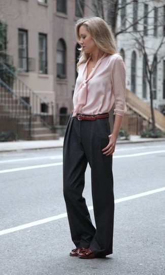 Women's Brown Woven Leather Belt, Burgundy Leather Tassel Loafers, Charcoal Wide Leg Pants, Pink Silk Long Sleeve Blouse