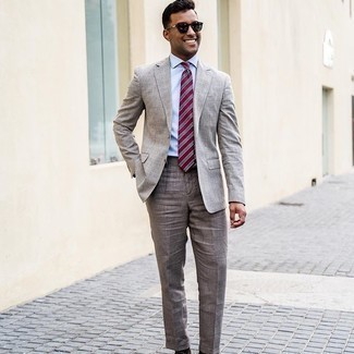 Men's Black Sunglasses, Burgundy Horizontal Striped Tie, Light Blue Dress Shirt, Grey Suit