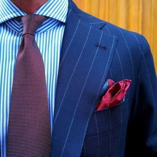 Men's Red Paisley Silk Pocket Square, Burgundy Polka Dot Tie, White and Blue Vertical Striped Dress Shirt, Blue Vertical Striped Blazer