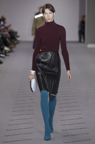 Women's Burgundy Turtleneck, Black Leather Pencil Skirt, White Clutch, Teal Tights