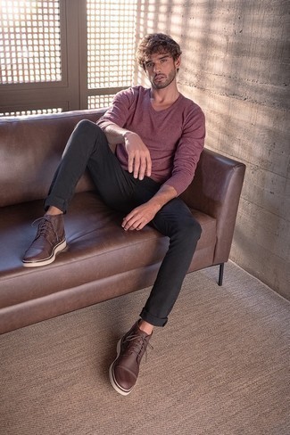 Burgundy V-neck Sweater Outfits For Men: You'll be surprised at how very easy it is for any guy to put together this relaxed casual outfit. Just a burgundy v-neck sweater and black jeans. A pair of dark brown leather desert boots will be a stylish companion for your look.
