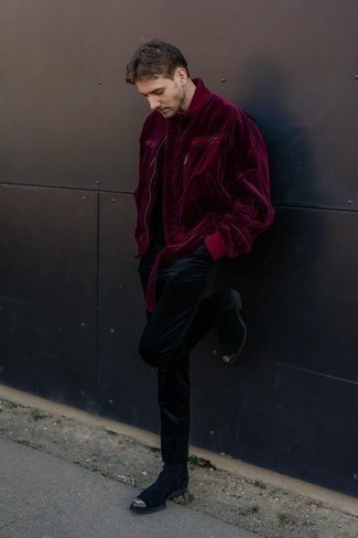 Black Corduroy Chinos Outfits: A burgundy velvet bomber jacket and black corduroy chinos are veritable menswear staples if you're putting together a casual closet that matches up to the highest style standards. To give your ensemble a more elegant finish, why not complete this look with a pair of black suede chelsea boots?