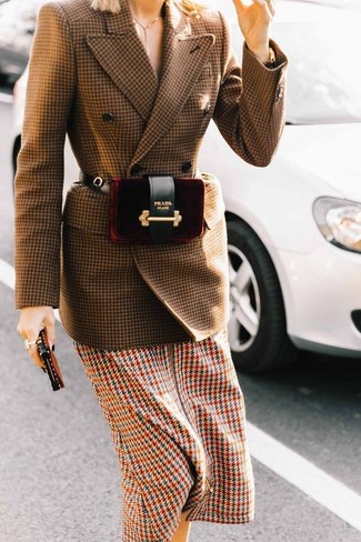 Women's Burgundy Velvet Fanny Pack, Multi colored Houndstooth Midi Dress, Brown Houndstooth Wool Double Breasted Blazer