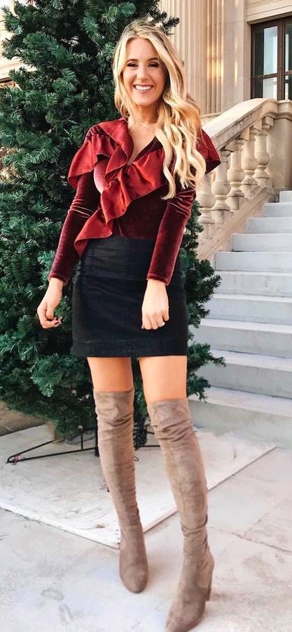 Women's Burgundy Velvet Long Blouse, Black Velvet Mini Skirt, Beige Suede Over The Knee Boots | Lookastic