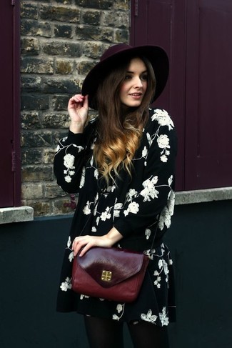 Women's Burgundy Wool Hat, Burgundy Leather Crossbody Bag, Black and White Floral Swing Dress