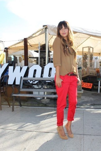 Women's Tan Button Down Blouse, Red Chinos, Tan Suede Pumps, Dark Brown Leather Belt