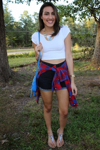 Women's Red and Navy Plaid Button Down Blouse, White Cropped Top, Navy Denim Shorts, Grey Snake Leather Thong Sandals