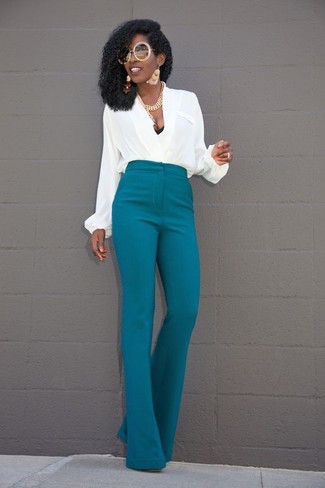 Women's White Button Down Blouse, Teal Flare Pants, Gold Sunglasses, Gold Necklace