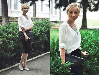 Women's White Button Down Blouse, Black Lace Pencil Skirt, Silver Leather Pumps, Black Leather Clutch