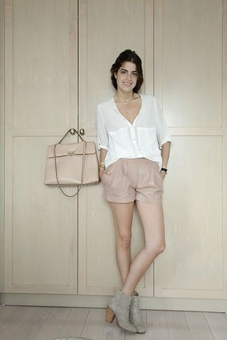 Women's White Button Down Blouse, Beige Leather Shorts, Grey Suede Ankle Boots, Beige Leather Satchel Bag