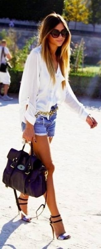 Blue Ripped Denim Shorts Outfits For Women: A white button down blouse and blue ripped denim shorts are both versatile essentials that will integrate brilliantly within your off-duty styling lineup. Throw a pair of silver leather heeled sandals in the mix to immediately kick up the glamour factor of any ensemble.