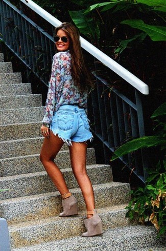 Women's Blue Floral Button Down Blouse, Light Blue Ripped Denim Shorts, Grey Suede Wedge Ankle Boots, Black Sunglasses