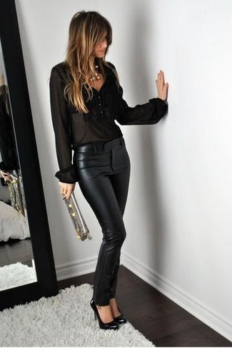 Women's Black Chiffon Button Down Blouse, Black Leather Skinny Pants, Black Leather Pumps, Silver Leather Clutch