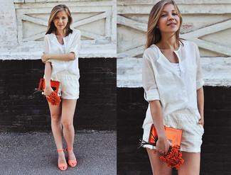 Women's White Linen Button Down Blouse, White Tank, White Lace Shorts, Orange Leather Heeled Sandals
