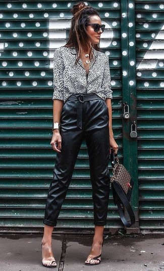 Black Leather Pants With Blouse Outfits, Black Leather Top Outfit