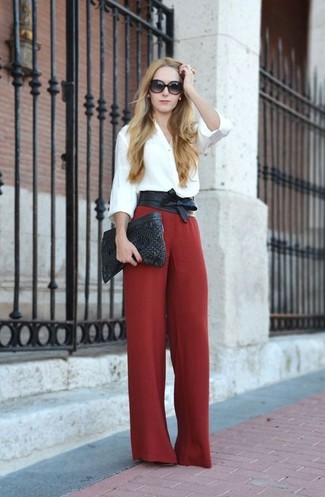 Red Wide Leg Pants Outfits: A white button down blouse and red wide leg pants teamed together are such a dreamy combination for those dressers who love classic and chic ensembles.