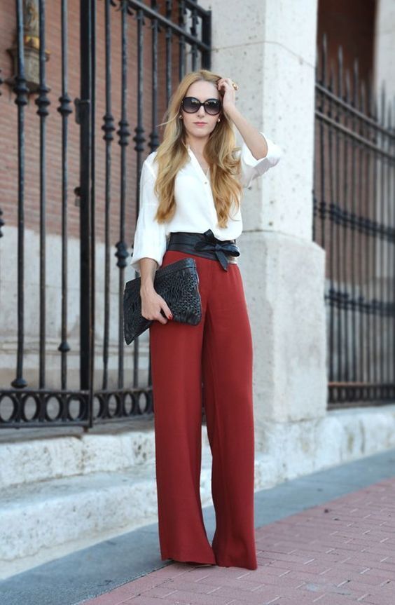 Women's White Button Down Blouse, Red Wide Leg Pants, Black Quilted Leather  Clutch, Black Leather Waist Belt