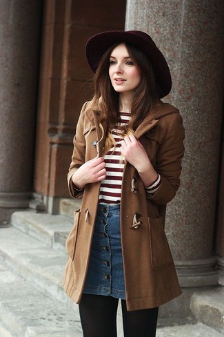 Women's Burgundy Wool Hat, Blue Denim Button Skirt, Red and White Horizontal Striped Crew-neck Sweater, Brown Duffle Coat