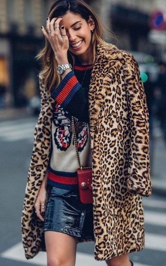 Women's Red Leather Crossbody Bag, Black Leather Button Skirt, Navy Print Crew-neck Sweater, Tan Leopard Fur Coat