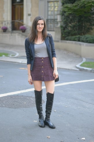 Women's Black Leather Over The Knee Boots, Purple Button Skirt, Grey Crew-neck T-shirt, Charcoal Blazer