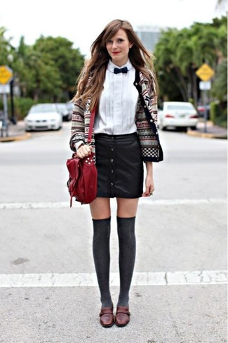 Women's Dark Brown Leather Loafers, Black Leather Button Skirt, White Dress Shirt, Grey Fair Isle Cardigan