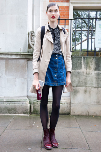 Women's Burgundy Suede Ankle Boots, Blue Denim Button Skirt, Black Print Short Sleeve Blouse, Beige Trenchcoat