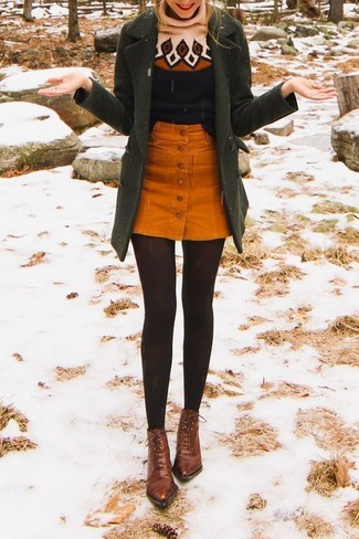 Women's Brown Leather Lace-up Ankle Boots, Orange Corduroy Button Skirt, Black Print Wool Turtleneck, Olive Coat
