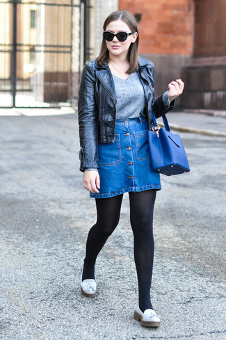 Women's White Leather Tassel Loafers, Blue Denim Button Skirt, Grey V-neck Sweater, Black Leather Biker Jacket