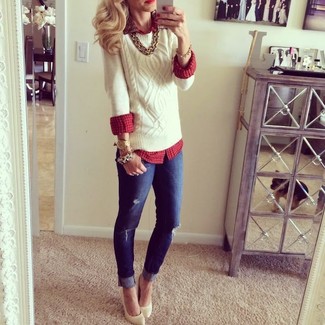 Burgundy Button Down Blouse Outfits: Pairing a burgundy button down blouse with navy ripped skinny jeans is an awesome pick for an off-duty but absolutely chic look. Beige leather pumps are a guaranteed way to breathe a sense of refinement into this look.