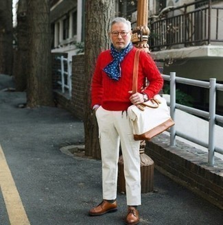 Men's Red Cable Sweater, White Cargo Pants, Brown Leather Derby Shoes, White Canvas Messenger Bag