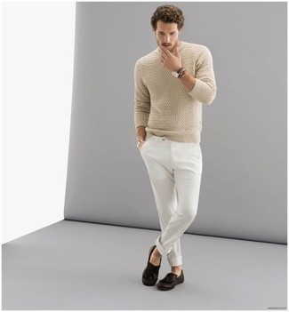 Tan Cable Sweater Outfits For Men: A tan cable sweater and white chinos are a nice pairing to have in your casual arsenal. To give your look a more refined finish, why not add a pair of dark brown fringe leather loafers to the mix?