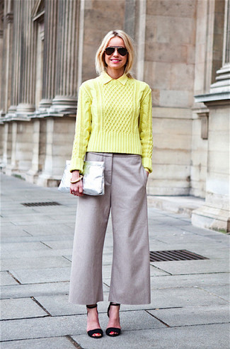 Women's Green-Yellow Cable Sweater, Grey Culottes, Black Suede Heeled Sandals, Silver Leather Clutch