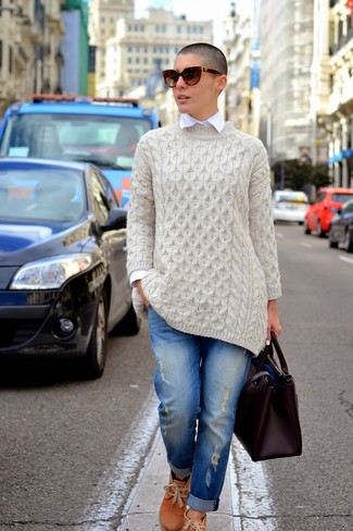 Beige Cable Sweater Outfits For Women: If you're all about comfort dressing when it comes to your personal style, you'll love this totaly stylish combo of a beige cable sweater and blue ripped boyfriend jeans. Rounding off with tan suede ankle boots is a guaranteed way to bring some extra fanciness to your outfit.