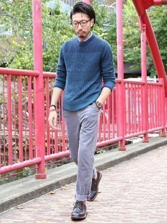 Men's Blue Cable Sweater, White and Navy Gingham Dress Shirt, Grey Chinos, Dark Brown Leather Brogues