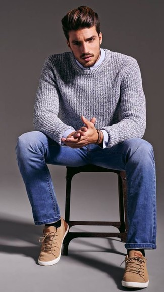 Grey Cable Sweater Outfits For Men: This combo of a grey cable sweater and blue jeans is on the casual side but also ensures that you look on-trend and truly sharp. When it comes to footwear, add tan plimsolls to the equation.