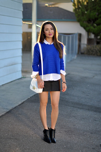 Women's Blue Cable Sweater, White Dress Shirt, Black Leather Mini Skirt, Black Leather Ankle Boots