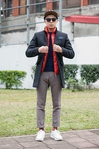 Men's Grey Chinos, Navy Cable Sweater, Red Quilted Gilet, Charcoal Overcoat