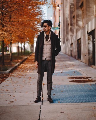 Dark Brown Overcoat with Loafers Outfits: 