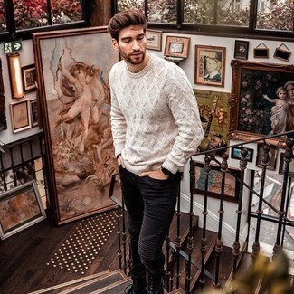 White Cable Sweater Outfits For Men: Go for a straightforward but casual and cool choice teaming a white cable sweater and black jeans. Put an elegant spin on an otherwise utilitarian look by wearing a pair of black leather casual boots.