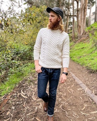 Men's White Cable Sweater, Navy Jeans, Dark Brown Leather Casual Boots, Charcoal Baseball Cap