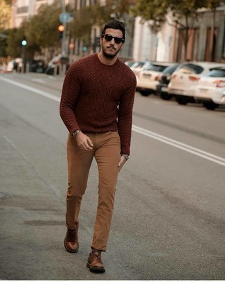 Tobacco Leather Derby Shoes Outfits: A brown cable sweater and khaki jeans are a combination that every smart gentleman should have in his off-duty wardrobe. Finishing with a pair of tobacco leather derby shoes is a guaranteed way to give a sense of refinement to your outfit.