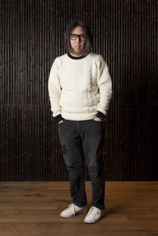 Cable Knit Sweater With Sherpa Collar Lining