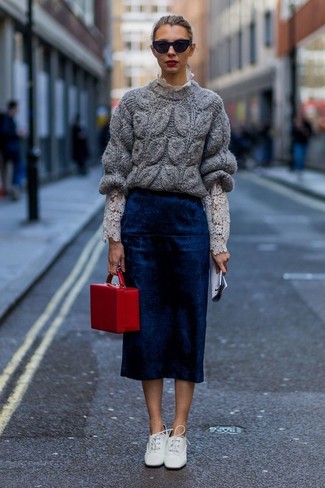 Women's Grey Cable Sweater, White Lace Long Sleeve Blouse, Navy Midi Skirt, White Leather Oxford Shoes