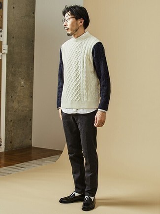 Men's White and Navy Cable Sweater, White Long Sleeve Shirt, Charcoal Chinos, Black Leather Loafers