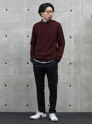 White Print Canvas Low Top Sneakers Outfits For Men: For a relaxed casual outfit, make a burgundy cable sweater and black chinos your outfit choice — these two pieces go really well together. Go ahead and complete your outfit with a pair of white print canvas low top sneakers for a playful feel.