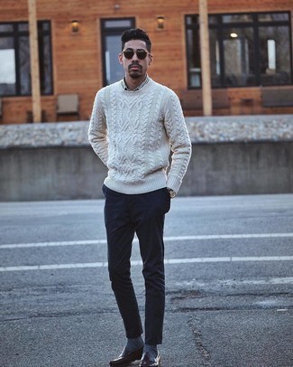 Men's White Cable Sweater, White and Black Gingham Long Sleeve Shirt, Navy Chinos, Dark Brown Leather Loafers