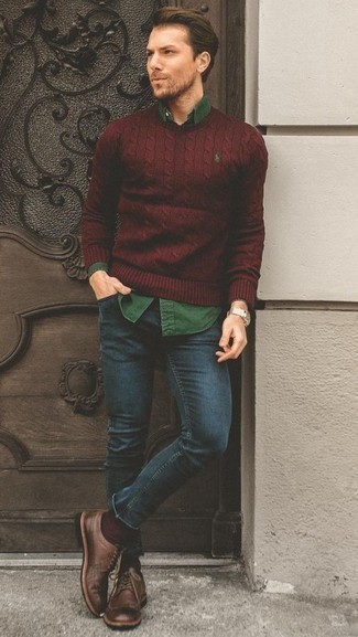 Men's Burgundy Cable Sweater, Dark Green Long Sleeve Shirt, Navy Jeans, Brown Leather Brogues